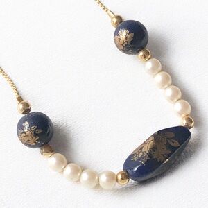 Dainty Navy Blue Faux Pearl Floral Beaded Necklace